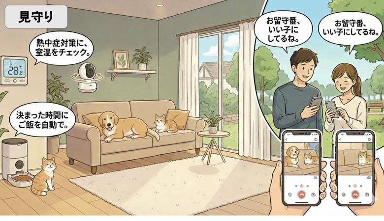 外出先から家族やペットを見守る暮らしのイラスト