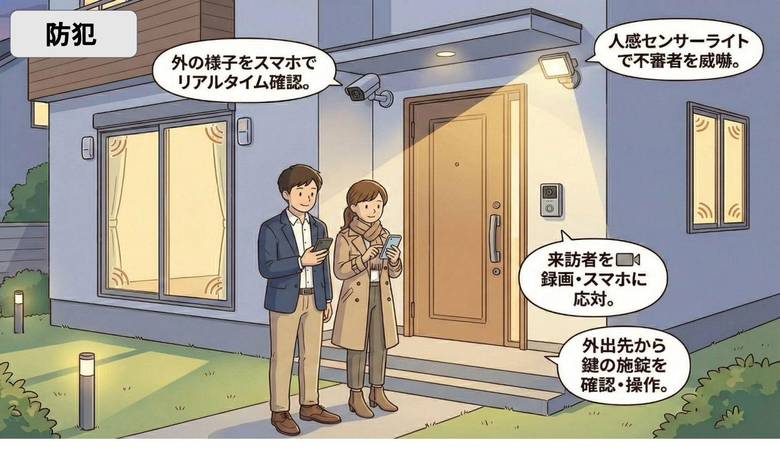 玄関まわりの防犯性を高める暮らしのイラスト
